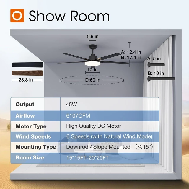 Alt view image 7 of 7 - 60 Inch Ceiling Fans with Lights and Remote Control, Wall Switch Reversible DC motor, 6-speed, Timer, 3CCT Dimmable, Quiet, Black Ceiling Fan for Bedroom, Living Room, Indoor/Outdoor Use