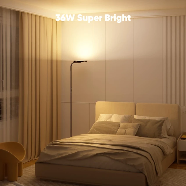 Alt view image 2 of 7 - 36W LED Floor Lamp, Super Bright Standing Lamp, Modern Stepless Dimmable Torchiere Tall Lamp with Remote Control, 350°Rotating Head Reading Floor Lamp for Living Room, Bedroom, Office