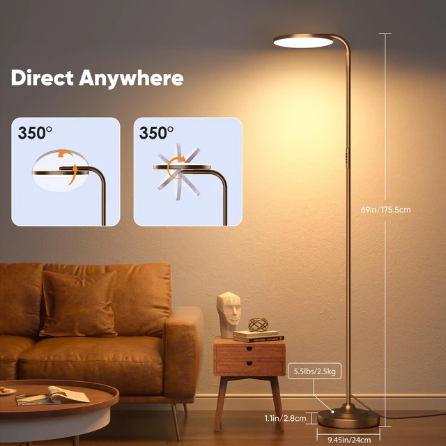 Alt view image 5 of 7 - 36W LED Floor Lamp, Super Bright Standing Lamp, Modern Stepless Dimmable Torchiere Tall Lamp with Remote Control, 350°Rotating Head Reading Floor Lamp for Living Room, Bedroom, Office