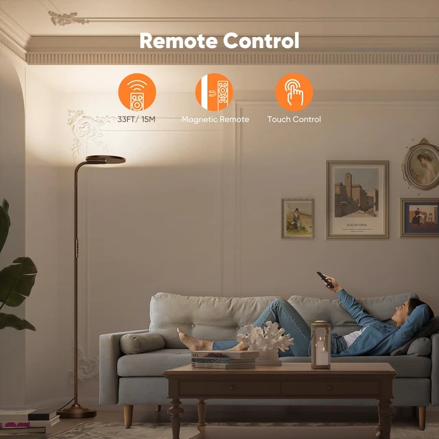 Alt view image 6 of 7 - 36W LED Floor Lamp, Super Bright Standing Lamp, Modern Stepless Dimmable Torchiere Tall Lamp with Remote Control, 350°Rotating Head Reading Floor Lamp for Living Room, Bedroom, Office