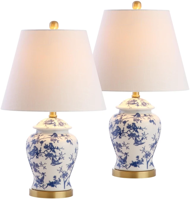 Main image of Penelope Ginger Jar 22" LED Table Lamp, Blue/White, Set of 2 Chinoiserie, Ceramic Metal Construction, French Country Traditional, Linen Empire Shade, Brass Gold, LED Bulb Included