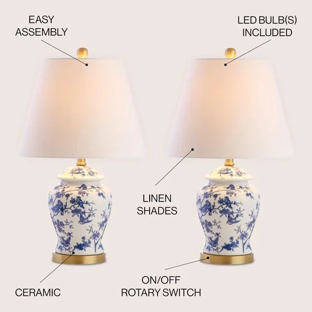 Alt view image 3 of 7 - Penelope Ginger Jar 22" LED Table Lamp, Blue/White, Set of 2 Chinoiserie, Ceramic Metal Construction, French Country Traditional, Linen Empire Shade, Brass Gold, LED Bulb Included