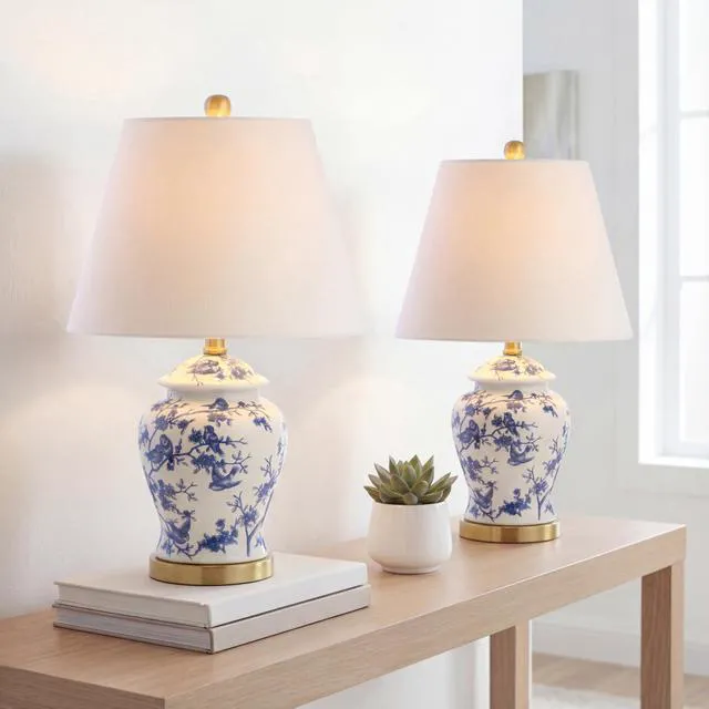 Alt view image 2 of 7 - Penelope Ginger Jar 22" LED Table Lamp, Blue/White, Set of 2 Chinoiserie, Ceramic Metal Construction, French Country Traditional, Linen Empire Shade, Brass Gold, LED Bulb Included