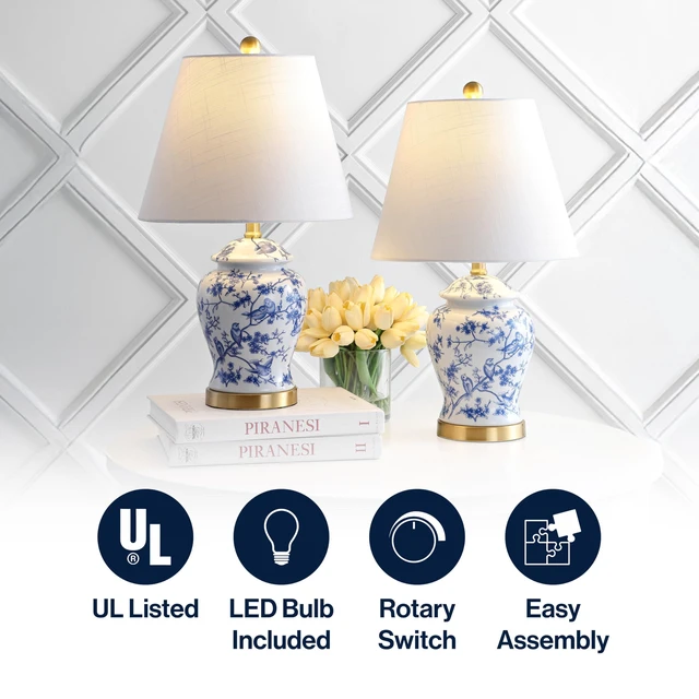 Alt view image 5 of 7 - Penelope Ginger Jar 22" LED Table Lamp, Blue/White, Set of 2 Chinoiserie, Ceramic Metal Construction, French Country Traditional, Linen Empire Shade, Brass Gold, LED Bulb Included