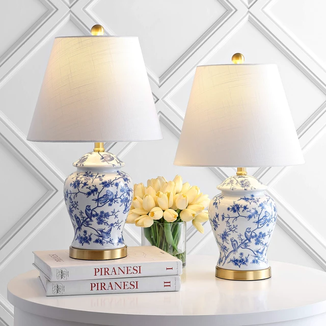 Alt view image 6 of 7 - Penelope Ginger Jar 22" LED Table Lamp, Blue/White, Set of 2 Chinoiserie, Ceramic Metal Construction, French Country Traditional, Linen Empire Shade, Brass Gold, LED Bulb Included