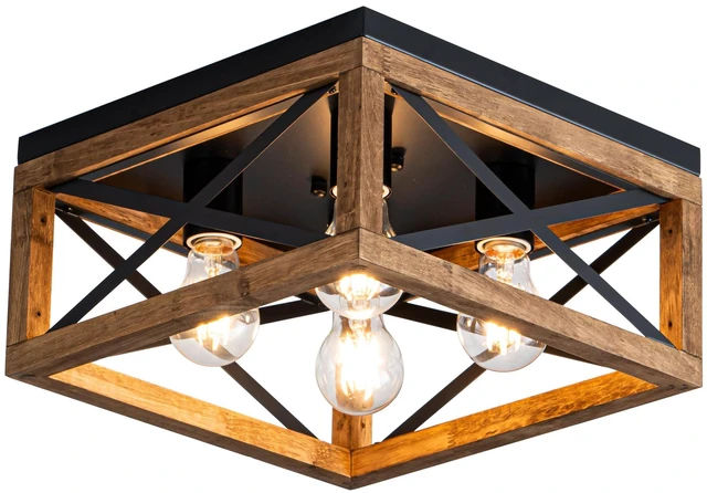 Main image of Farmhouse Ceiling Light, 4-Light Flush Mount Ceiling Light with Black Metal and Wood, Rustic Light Fixture for Hallway, Entryway, Kitchen