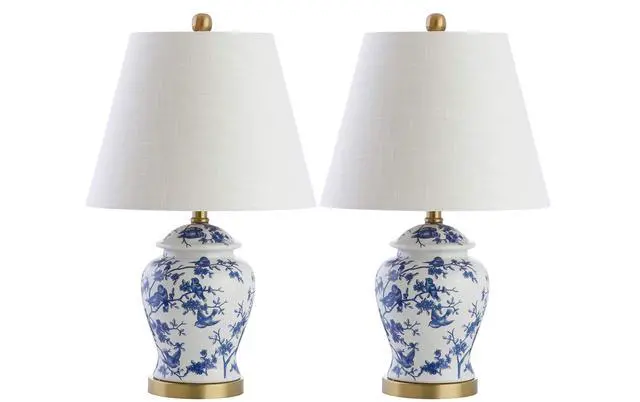 Alt view image 7 of 7 - Penelope Ginger Jar 22" LED Table Lamp, Blue/White, Set of 2 Chinoiserie, Ceramic Metal Construction, French Country Traditional, Linen Empire Shade, Brass Gold, LED Bulb Included