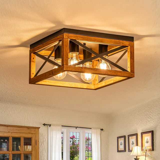 Alt view image 2 of 7 - Farmhouse Ceiling Light, 4-Light Flush Mount Ceiling Light with Black Metal and Wood, Rustic Light Fixture for Hallway, Entryway, Kitchen