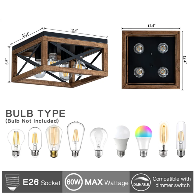 Alt view image 3 of 7 - Farmhouse Ceiling Light, 4-Light Flush Mount Ceiling Light with Black Metal and Wood, Rustic Light Fixture for Hallway, Entryway, Kitchen