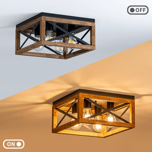 Alt view image 4 of 7 - Farmhouse Ceiling Light, 4-Light Flush Mount Ceiling Light with Black Metal and Wood, Rustic Light Fixture for Hallway, Entryway, Kitchen