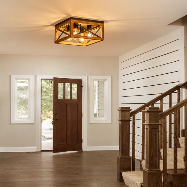 Alt view image 6 of 7 - Farmhouse Ceiling Light, 4-Light Flush Mount Ceiling Light with Black Metal and Wood, Rustic Light Fixture for Hallway, Entryway, Kitchen