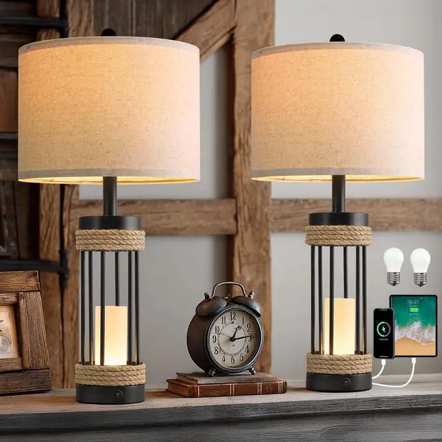 Main image of 25" Table Lamps Set of 2 with Night Light, Rustic Bedside Lamps with USB C+A Charging Ports, Black Metal Lamp with Rope Accent and Frosted Glass, Farmhouse Lamps for Living Room Bedroom