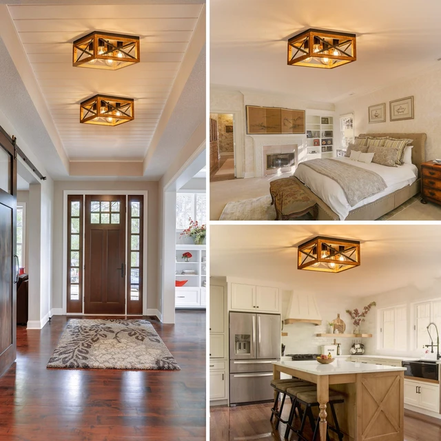 Alt view image 7 of 7 - Farmhouse Ceiling Light, 4-Light Flush Mount Ceiling Light with Black Metal and Wood, Rustic Light Fixture for Hallway, Entryway, Kitchen