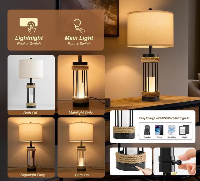 Alt view image 3 of 7 - 25" Table Lamps Set of 2 with Night Light, Rustic Bedside Lamps with USB C+A Charging Ports, Black Metal Lamp with Rope Accent and Frosted Glass, Farmhouse Lamps for Living Room Bedroom