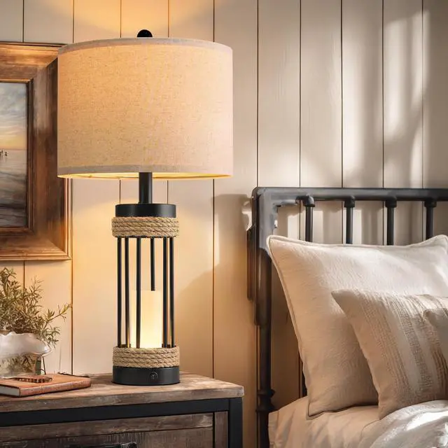 Alt view image 2 of 7 - 25" Table Lamps Set of 2 with Night Light, Rustic Bedside Lamps with USB C+A Charging Ports, Black Metal Lamp with Rope Accent and Frosted Glass, Farmhouse Lamps for Living Room Bedroom