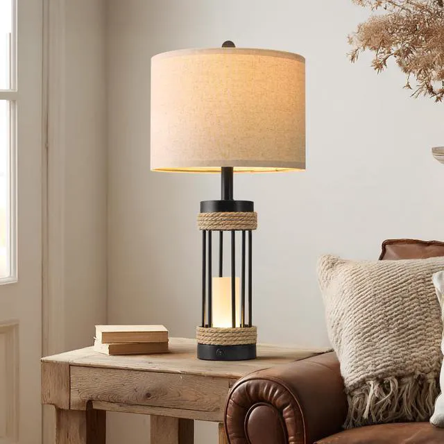 Alt view image 4 of 7 - 25" Table Lamps Set of 2 with Night Light, Rustic Bedside Lamps with USB C+A Charging Ports, Black Metal Lamp with Rope Accent and Frosted Glass, Farmhouse Lamps for Living Room Bedroom