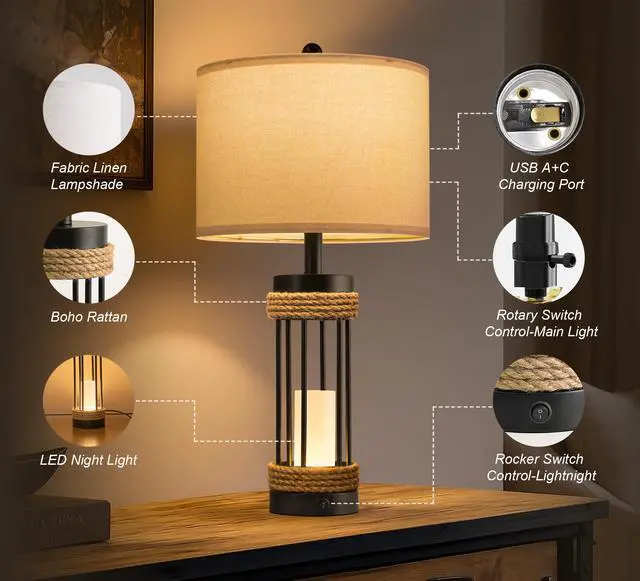 Alt view image 5 of 7 - 25" Table Lamps Set of 2 with Night Light, Rustic Bedside Lamps with USB C+A Charging Ports, Black Metal Lamp with Rope Accent and Frosted Glass, Farmhouse Lamps for Living Room Bedroom
