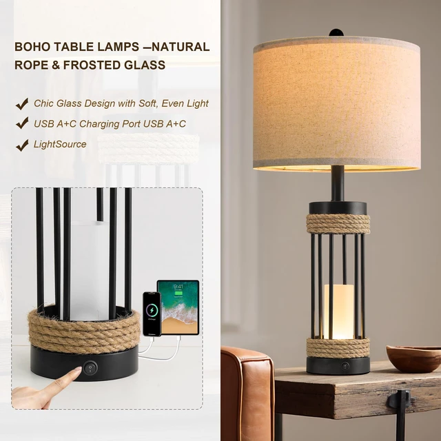 Alt view image 6 of 7 - 25" Table Lamps Set of 2 with Night Light, Rustic Bedside Lamps with USB C+A Charging Ports, Black Metal Lamp with Rope Accent and Frosted Glass, Farmhouse Lamps for Living Room Bedroom