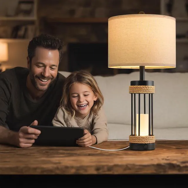 Alt view image 7 of 7 - 25" Table Lamps Set of 2 with Night Light, Rustic Bedside Lamps with USB C+A Charging Ports, Black Metal Lamp with Rope Accent and Frosted Glass, Farmhouse Lamps for Living Room Bedroom