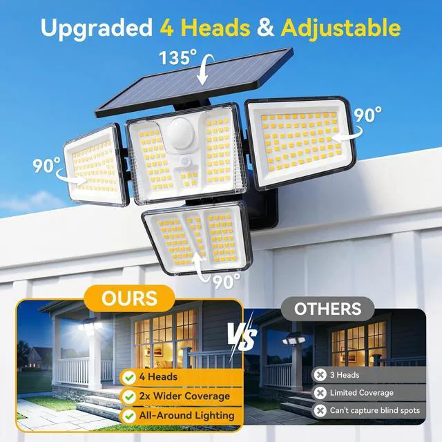 Alt view image 2 of 7 - Solar Flood Lights, 3600LM 270° Motion Sensor Outdoor Lights-Remote 4 Heads 3 Modes Solar Lights Outdoor, Glass Panel, IP65 Waterproof Outdoor Security Lights for Yard Patio Garage- 4Pack Black