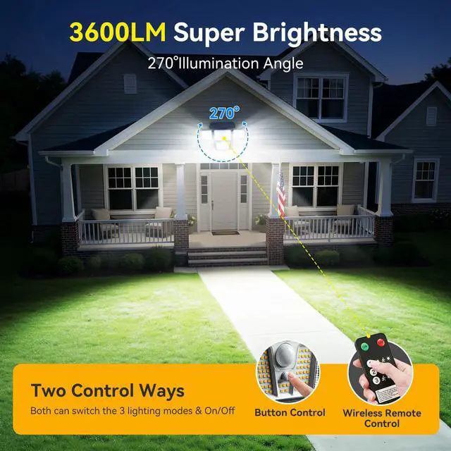 Alt view image 3 of 7 - Solar Flood Lights, 3600LM 270° Motion Sensor Outdoor Lights-Remote 4 Heads 3 Modes Solar Lights Outdoor, Glass Panel, IP65 Waterproof Outdoor Security Lights for Yard Patio Garage- 4Pack Black
