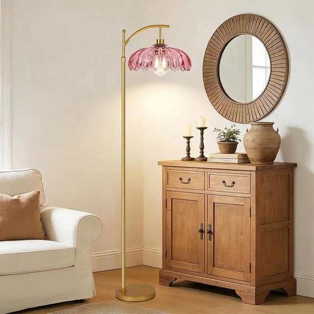 Alt view image 3 of 7 - Floor Lamp for Living Room,Bedroom,Gold Dimmable Standing Lamp with Remote,Mid Century Modern Brass Tall Lamp Retro Vintage Pink Glass Lamp Floor Light Boho Bohemian