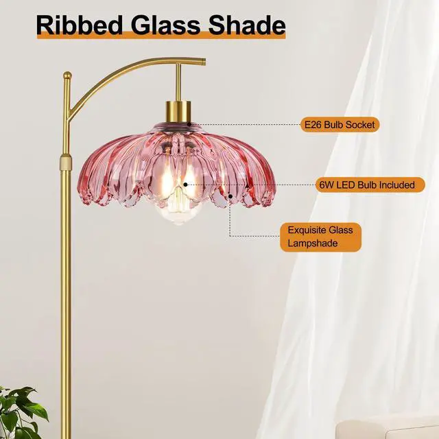Alt view image 7 of 7 - Floor Lamp for Living Room,Bedroom,Gold Dimmable Standing Lamp with Remote,Mid Century Modern Brass Tall Lamp Retro Vintage Pink Glass Lamp Floor Light Boho Bohemian