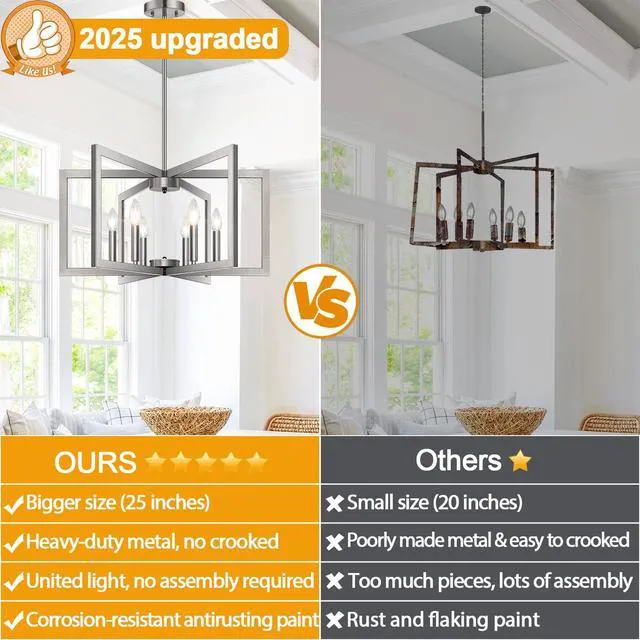 Alt view image 4 of 7 - 25"-61" Height Adjustable Modern Brushed Nickel Chandelier for Dining Room, No Assembly Required Dining Room Light Fixture Over Table, Industrial Metal Pendant Lights Fixture for Kitchen Island