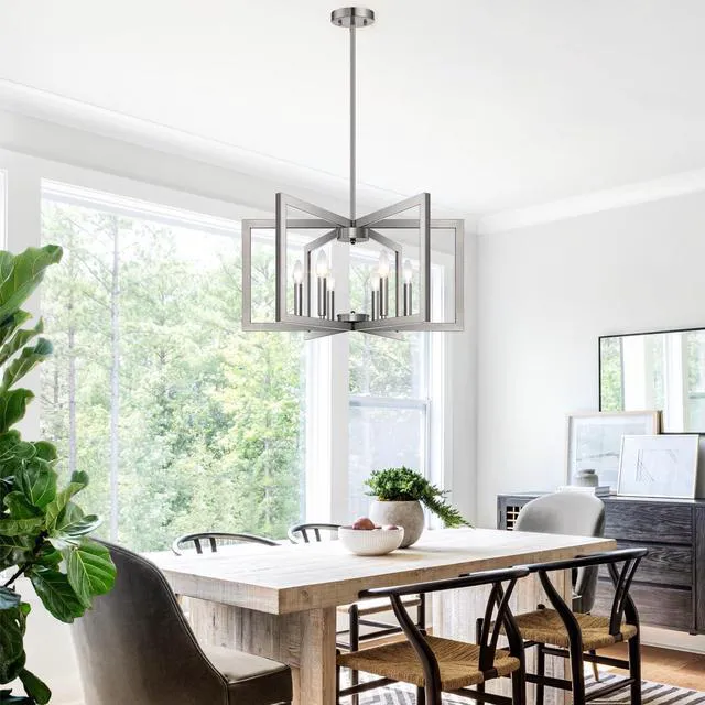 Alt view image 7 of 7 - 25"-61" Height Adjustable Modern Brushed Nickel Chandelier for Dining Room, No Assembly Required Dining Room Light Fixture Over Table, Industrial Metal Pendant Lights Fixture for Kitchen Island