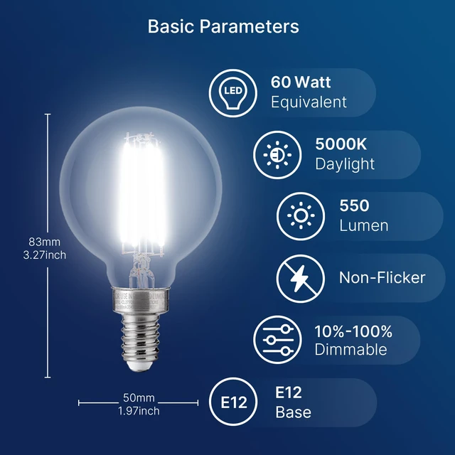 Alt view image 2 of 7 - 60W Equivalent LED Globe Candelabra Bulbs, Dimmable G16.5 LED E12 Chandelier Light Bulbs, 550LM, CRI82, 5.5W, AC 120V, 24 Pack, 5000K Daylight