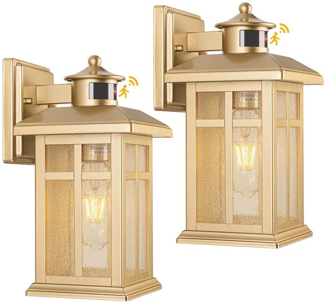 Main image of Exterior Motion Wall Sconce, 2 Pack Outdoor Light Fixture Wall Mount Gold Hardwired Exterior Light Sconces with E26 Sockets & Tempered Glass, Wall Mounted Black Waterproof Outdoor Lights for House