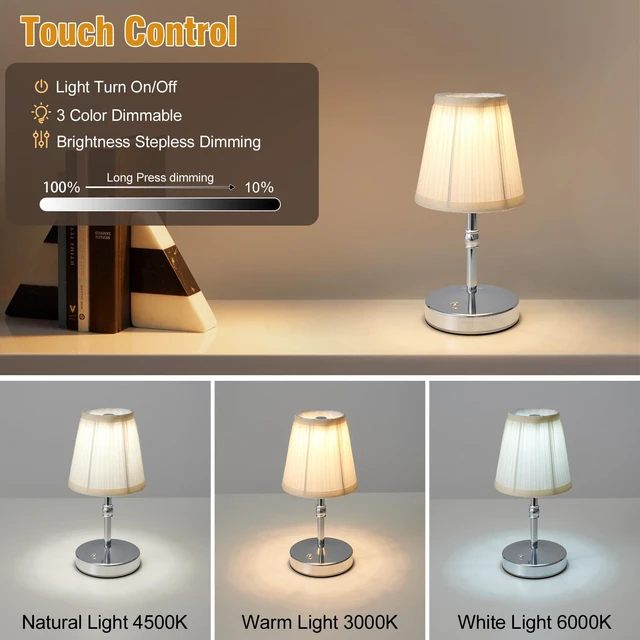 Alt view image 3 of 7 - 3000 mah Battery lamp,5W LED Small Touch Lamps,3 Color Temperature Dimmable Rechargeable Lamp,Cordless Lamp for Kitchen,Mini Lamps for Small Spaces (Chrome,2 Pack)