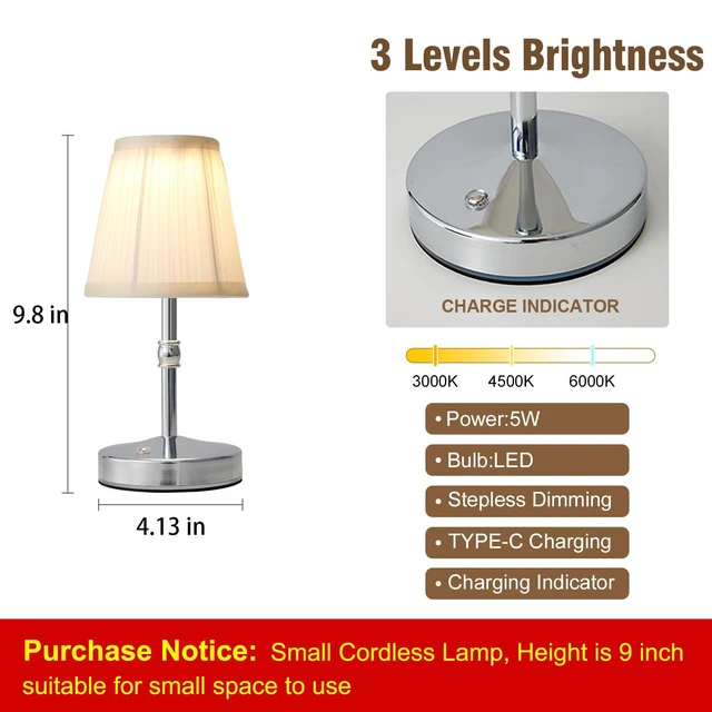 Alt view image 5 of 7 - 3000 mah Battery lamp,5W LED Small Touch Lamps,3 Color Temperature Dimmable Rechargeable Lamp,Cordless Lamp for Kitchen,Mini Lamps for Small Spaces (Chrome,2 Pack)