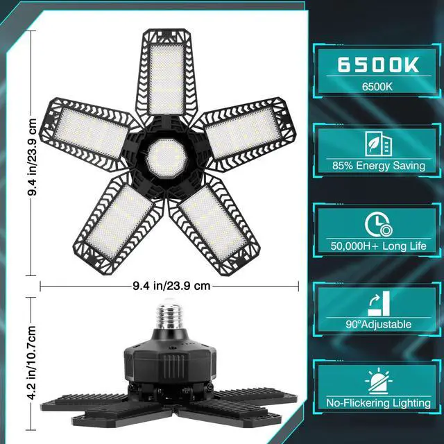 Alt view image 7 of 7 - Garage Lights - 160W 16000LM 6500K Screw in LED Garage Lights 5+1 Deformable Panels for Basement, Workshop, Attic,E26/E27, Black(10)