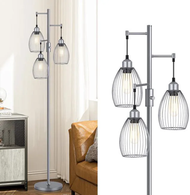 Main image of Dimmable Industrial Floor Lamps for Living Room, Gray Tree Standing Tall Lamps with 3 Elegant Teardrop Cage Head & 800 Lumens LED Bulbs for Bedroom Office