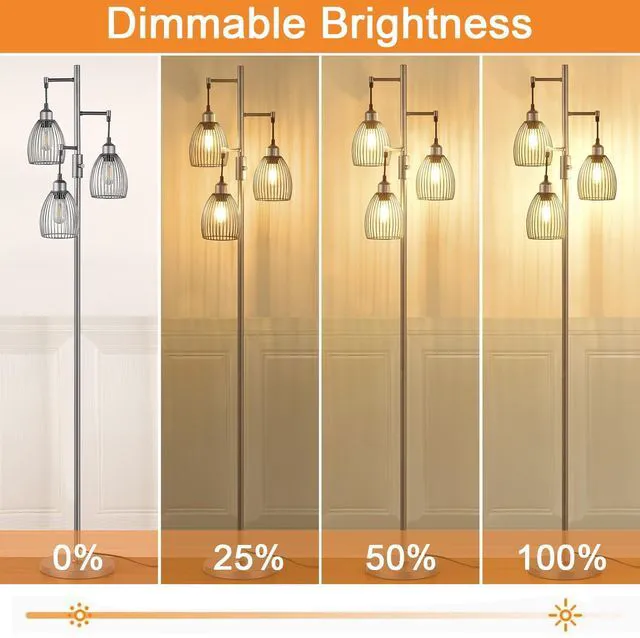 Alt view image 3 of 7 - Dimmable Industrial Floor Lamps for Living Room, Gray Tree Standing Tall Lamps with 3 Elegant Teardrop Cage Head & 800 Lumens LED Bulbs for Bedroom Office