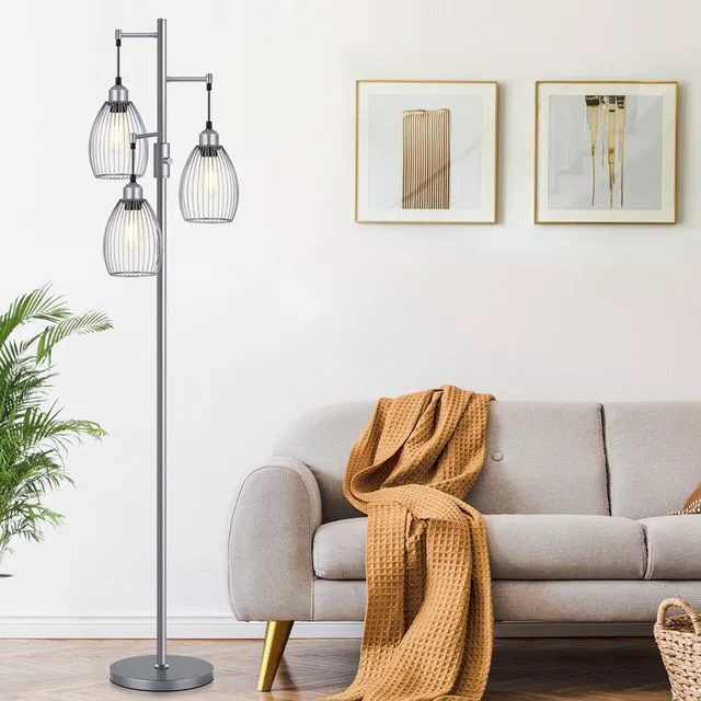 Alt view image 5 of 7 - Dimmable Industrial Floor Lamps for Living Room, Gray Tree Standing Tall Lamps with 3 Elegant Teardrop Cage Head & 800 Lumens LED Bulbs for Bedroom Office