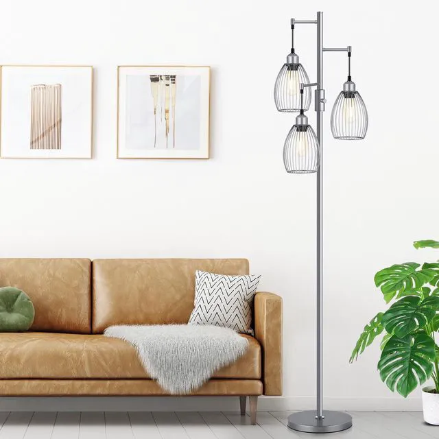 Alt view image 6 of 7 - Dimmable Industrial Floor Lamps for Living Room, Gray Tree Standing Tall Lamps with 3 Elegant Teardrop Cage Head & 800 Lumens LED Bulbs for Bedroom Office