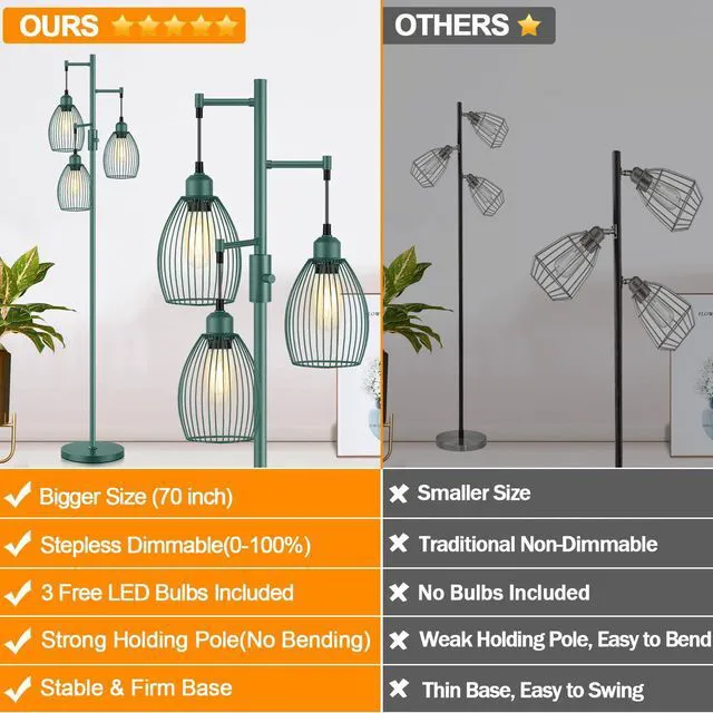 Alt view image 2 of 7 - Dimmable Floor Lamp, Industrial Floor Lamps for Living Room, Green Tree Lamp Standing Lamp Tall Lamps with 3 Elegant Teardrop Cage Head & 800 Lumens LED Bulbs for Living room Bedroom Dining Room