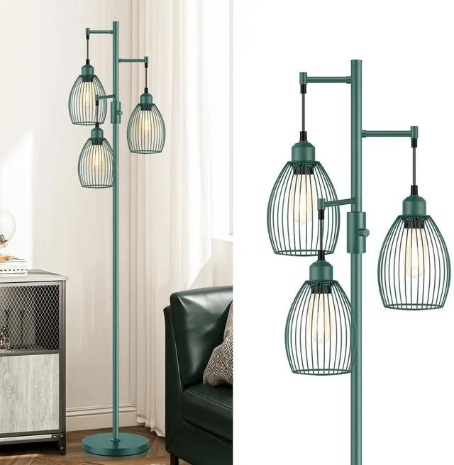 Main image of Dimmable Floor Lamp, Industrial Floor Lamps for Living Room, Green Tree Lamp Standing Lamp Tall Lamps with 3 Elegant Teardrop Cage Head & 800 Lumens LED Bulbs for Living room Bedroom Dining Room