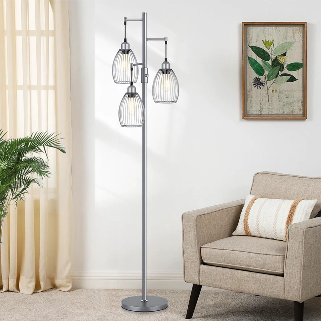 Alt view image 7 of 7 - Dimmable Industrial Floor Lamps for Living Room, Gray Tree Standing Tall Lamps with 3 Elegant Teardrop Cage Head & 800 Lumens LED Bulbs for Bedroom Office