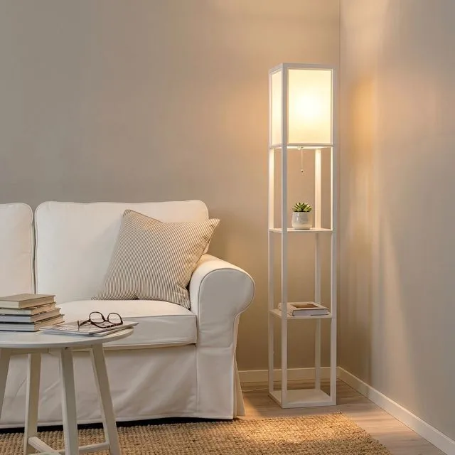 Alt view image 3 of 7 - Maxwell - Modern Shelf Floor Lamp with Lamp Shade & Warm White LED Bulb, Corner Display Floor Lamp with Shelves for Living Room, Bedroom, Nightstand Office, Home Decor Storage - White