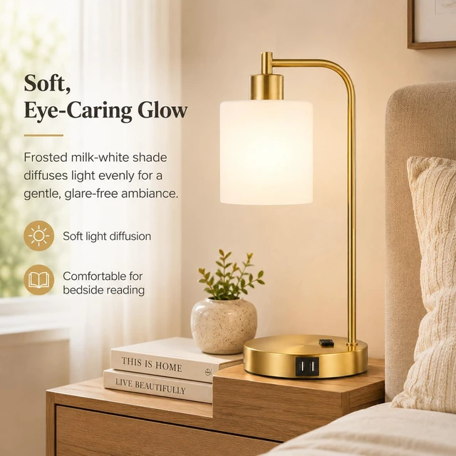 Alt view image 3 of 7 - Set of 2 Industrial Touch Control Table Lamps with 2 USB Ports and AC Outlet - 3-Way Dimmable Gold Bedside Lamps Nightstand Desk Lamps for Bedroom Living Room, Opal Glass Shade & 2 LED Bulbs Included