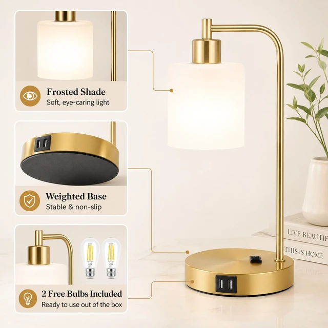 Alt view image 4 of 7 - Set of 2 Industrial Touch Control Table Lamps with 2 USB Ports and AC Outlet - 3-Way Dimmable Gold Bedside Lamps Nightstand Desk Lamps for Bedroom Living Room, Opal Glass Shade & 2 LED Bulbs Included