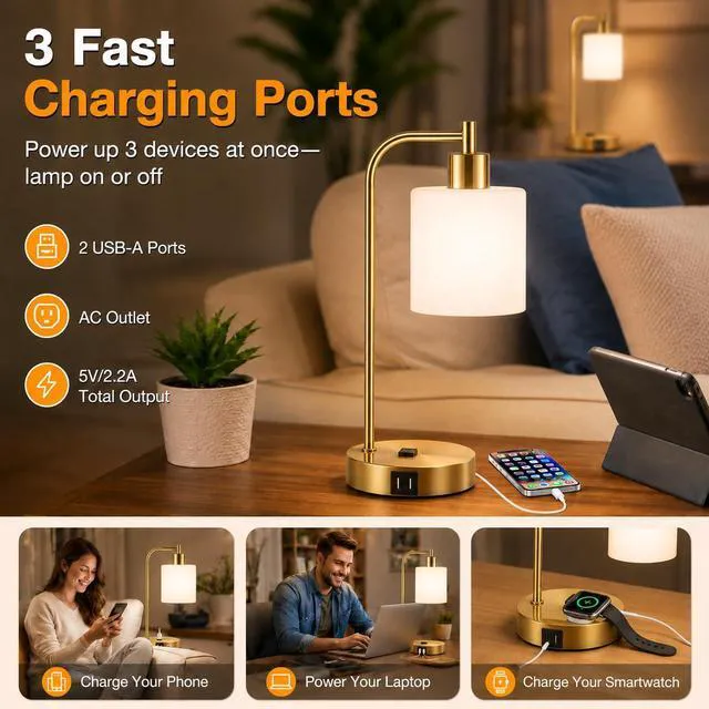 Alt view image 5 of 7 - Set of 2 Industrial Touch Control Table Lamps with 2 USB Ports and AC Outlet - 3-Way Dimmable Gold Bedside Lamps Nightstand Desk Lamps for Bedroom Living Room, Opal Glass Shade & 2 LED Bulbs Included