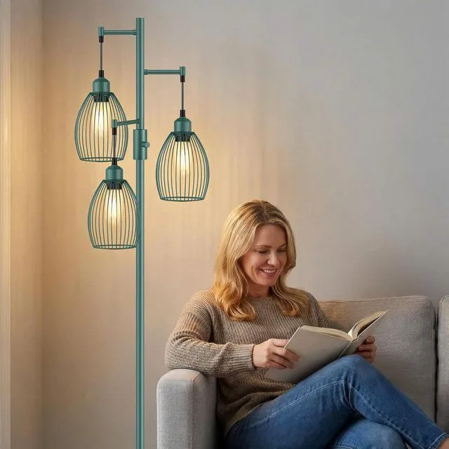 Alt view image 5 of 7 - Dimmable Floor Lamp, Industrial Floor Lamps for Living Room, Green Tree Lamp Standing Lamp Tall Lamps with 3 Elegant Teardrop Cage Head & 800 Lumens LED Bulbs for Living room Bedroom Dining Room