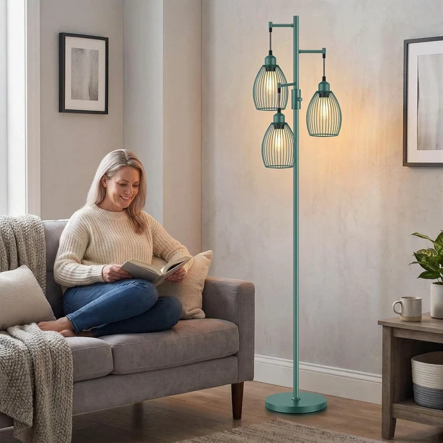 Alt view image 6 of 7 - Dimmable Floor Lamp, Industrial Floor Lamps for Living Room, Green Tree Lamp Standing Lamp Tall Lamps with 3 Elegant Teardrop Cage Head & 800 Lumens LED Bulbs for Living room Bedroom Dining Room