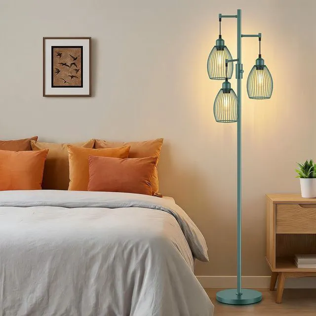 Alt view image 7 of 7 - Dimmable Floor Lamp, Industrial Floor Lamps for Living Room, Green Tree Lamp Standing Lamp Tall Lamps with 3 Elegant Teardrop Cage Head & 800 Lumens LED Bulbs for Living room Bedroom Dining Room