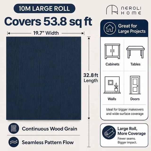 Alt view image 2 of 7 - Navy Blue Wood Grain Contact Paper 19.7" x 394" (32.8ft), Extra Wide Kitchen Cabinet & Countertop Peel and Stick Wallpaper, Waterproof Self Adhesive Wood Textured Film for Furniture