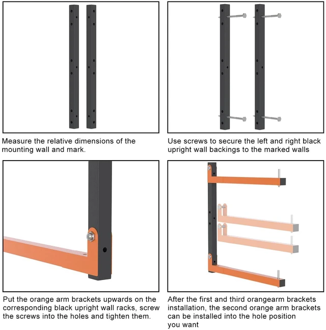 Alt view image 7 of 7 - Lumber Rack Wall Mount, Lumber Storage Rack, Heavy Duty Wood Storage Racks with 9-Level System, 1080 lb Substantial Garage Wood Organizer, Orange Lumber Metal Racks for Indoor and Outdoor (6 PACK)